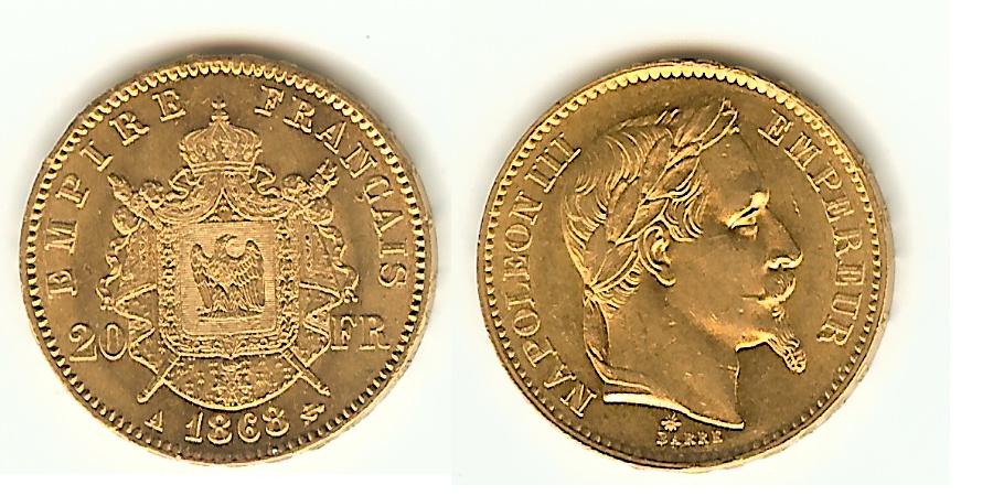 20 Francs Or Napoléon III 1868A Paris -SPL à SPL